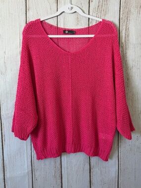 M Italy Hot Pink V-Neck Oversized Mesh Knit Sweater Made in Italy XL